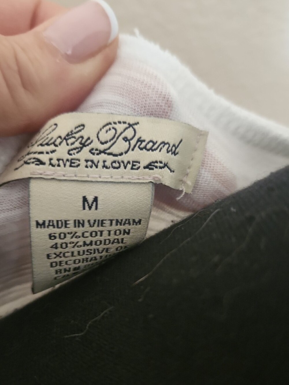 Lucky Brand White V-Neck Short Sleeve Tee with Lace Shoulder Insets - Picture 2 of 5